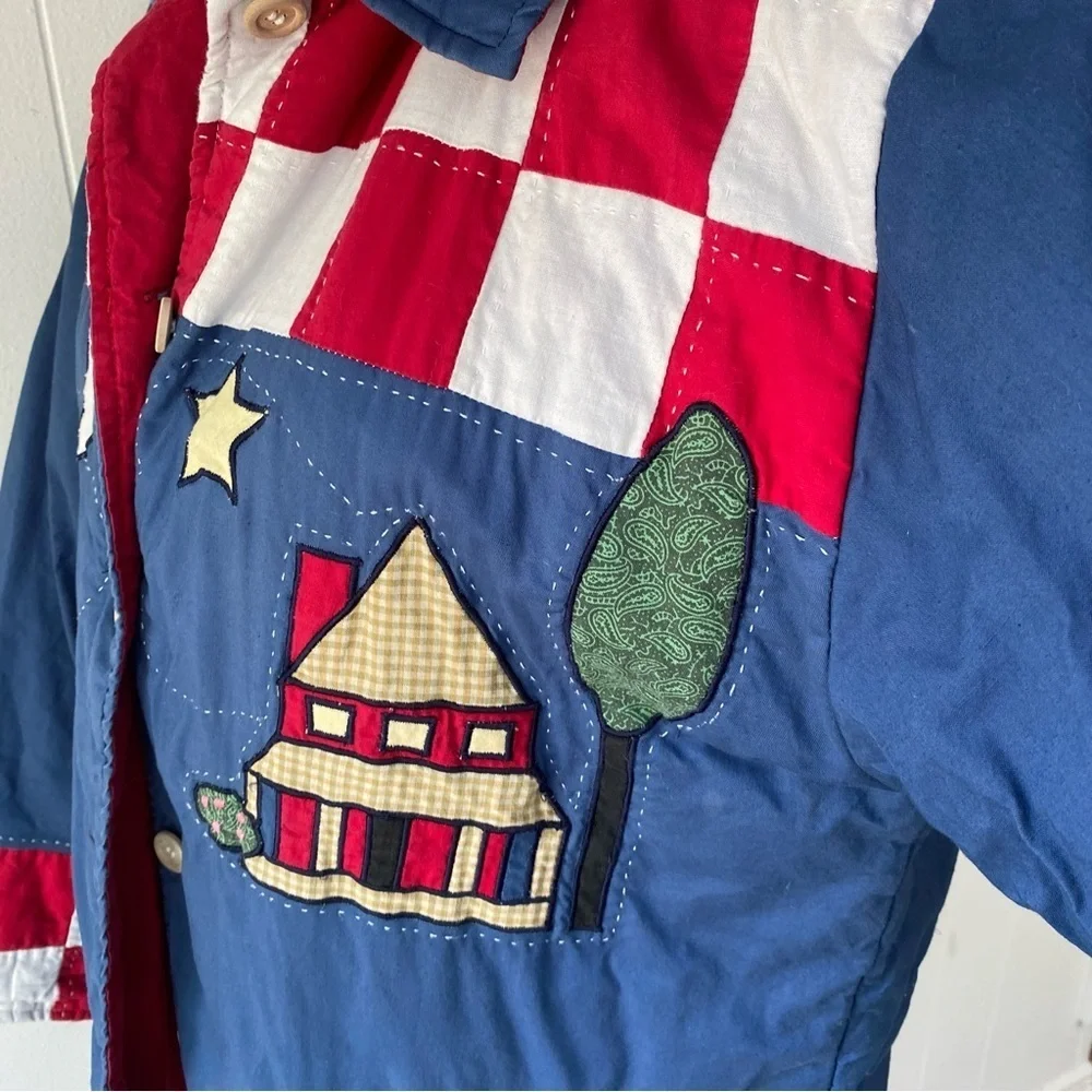 Women's M Americana Patchwork Cabin Sky Quilted  Reversible Button Jacket Red